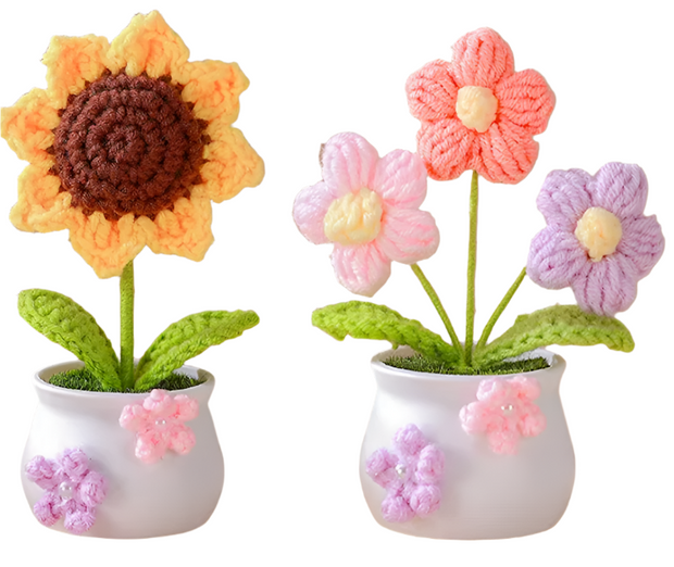 Hand-Crocheted Sunflower & Tulip Potted Plants | Handmade Knitted Flower Décor for Home & Office | No Maintenance, 15cm