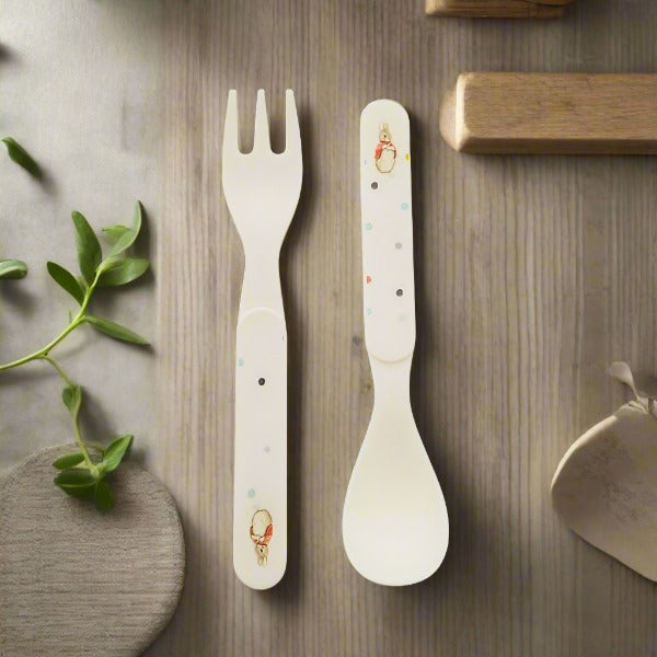 Peter Rabbit Collection: Flopsy Fork and Spoon Set - Certified Food Safe, Microwave & Dishwasher Safe, Feeding Accessories, Toddler Dinnerware, Eating Essential, Eco Friendly Feeding Utensils,