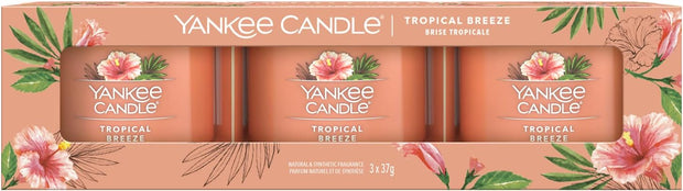 Yankee Candle Filled Votive Candle(3 in 1)  Gift Set. Up to 12 Hrs, White Spruce and Grapefruit, Black Tea and Lemon, Soft Wood and Amber, Ice Berry Lemonade, Tropical Breeze, Spiced Banana, Cucumber Mint