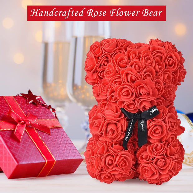 Rose Bear with Transparent Gift Box & Black Ribbon, Rose Petals Teddy Bear Presents for Women, Artificial Flowers Rose Bear Birthday, Valentine Gifts, Gifts for Women (Red) 25cm