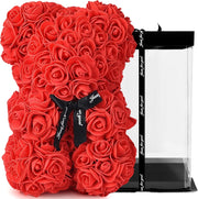 Rose Bear with Transparent Gift Box & Black Ribbon, Rose Petals Teddy Bear Presents for Women, Artificial Flowers Rose Bear Birthday, Valentine Gifts, Gifts for Women (Red) 25cm