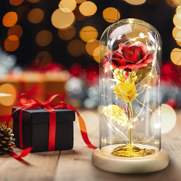 Galaxy Rose in Glass Dome with LED Light – Valentine's Day Gift & Décor with Free Batteries and Card