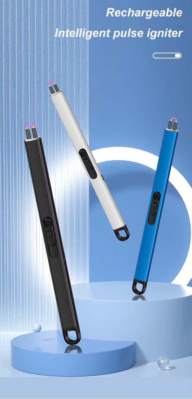 Three rechargeable intelligent pulse igniters on a blue background