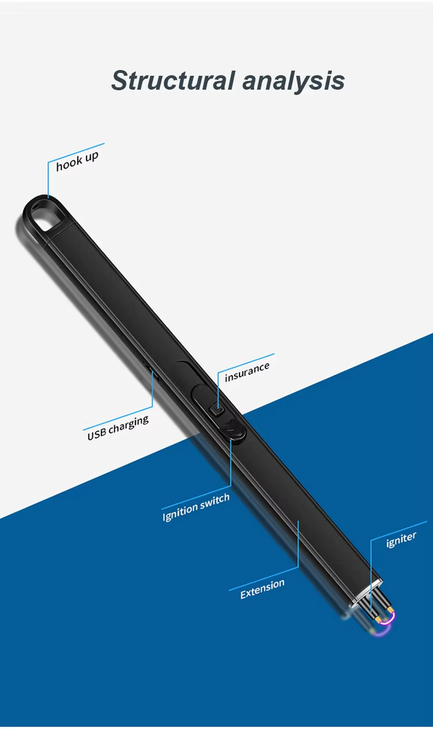 Black Electric lighter with labelled parts on a blue and white background