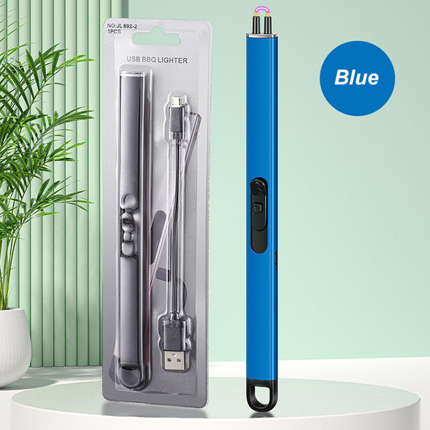 Blue USB BBQ lighter with packaging on a light green background