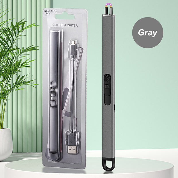 Gray USB BBQ lighter with packaging on a light green background