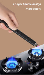 Hand holding a longer electric lighter over a gas stove with text 'Longer handle design more safety'.