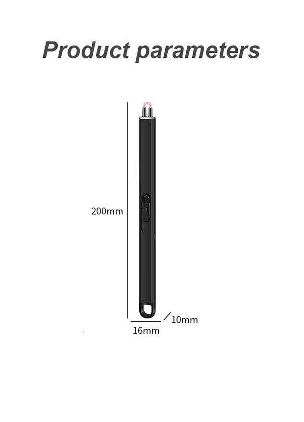 Measurement chart of a black  electric lighter with dimensions labelled on a white background.