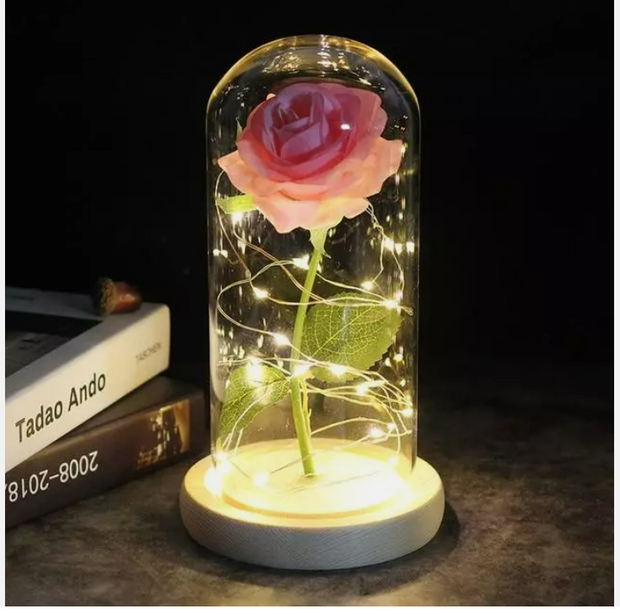 Galaxy Rose in Glass Dome with LED Light – Valentine's Day Gift & Décor with Free Batteries and Card