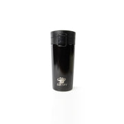 Brown travel mug with a logo on a white background