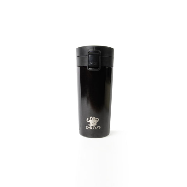 Brown travel mug with a logo on a white background
