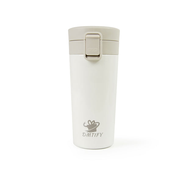White insulated mug with beige lid on a white background