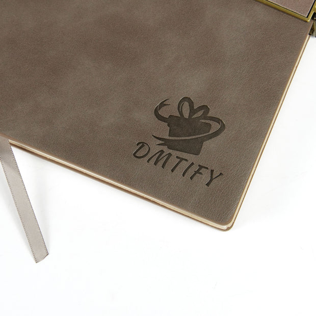 Brown notebook with 'DMTIFY' logo on a white background