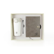 Set of white tumbler, gray notebook, and pen in a box with 'Dmtify' branding.