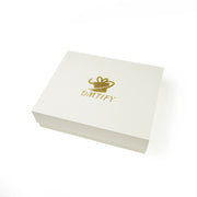 White box with gold logo and text on a white background