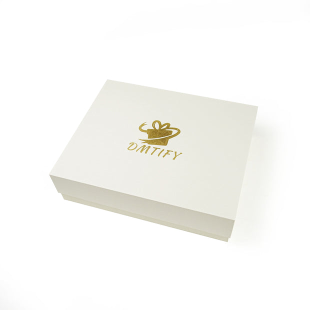 White box with gold logo and text on a white background