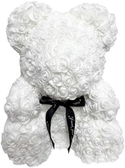 Rose Bear with Transparent Gift Box & Black Ribbon, Rose Petals Teddy Bear Presents for Women, Artificial Flowers Rose Bear Birthday, Valentine Gifts, Gifts for Women (Red) 25cm