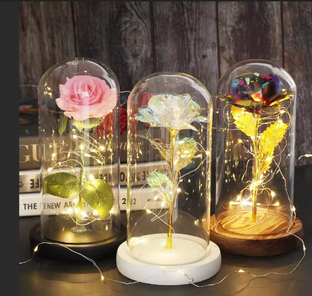 Galaxy Rose in Glass Dome with LED Light – Valentine's Day Gift & Décor with Free Batteries and Card