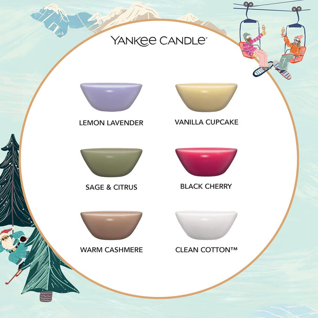Yankee Candle scented candles with colorful bowls and labels on a decorative background.